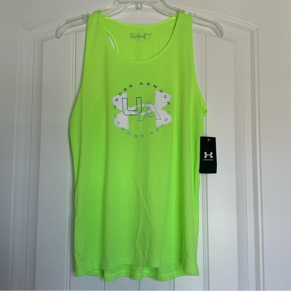 NWT! Under Armour Girls Youth Large Tech Logo Tank Neon Green Workout Cheer Gym